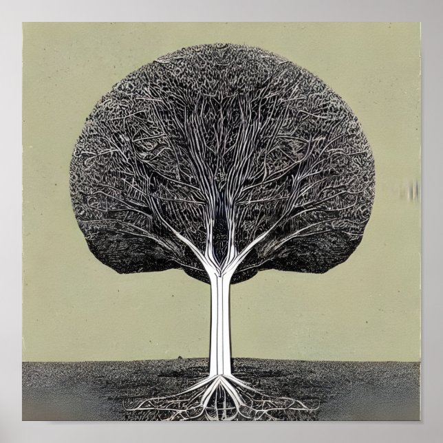 Poster Arbre géométrique avec racines dans le sol (Devant)