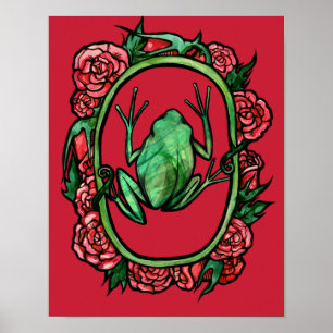 Poster Arbre grenouille Rose jolie rose rouge grenouille