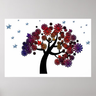 Poster Arbre Imaginaire avec fleurs et étoiles violettes 