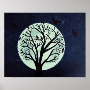 Poster Arbre Lune brillant avec des corbeaux