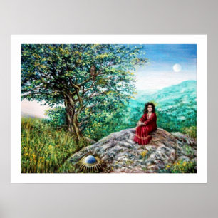 Poster ARBRE MAGIQUE / Aube en bois vert et dame en rouge