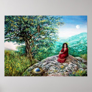 Poster ARBRE MAGIQUE / Aube en bois vert et dame en rouge