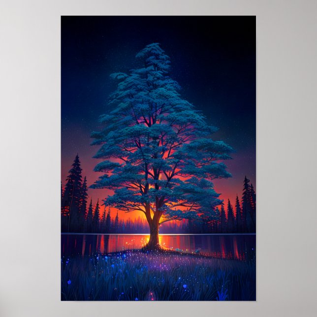 Poster Arbre Majestueux, Coucher de soleil rouge (Devant)