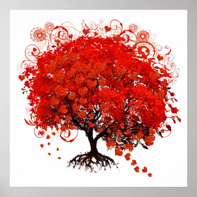 Poster Arbre rouge avec Feuilles du coeur en chute (Devant)