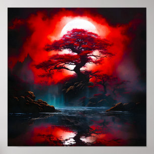 Poster Arbre rouge mystique sous la pleine lune