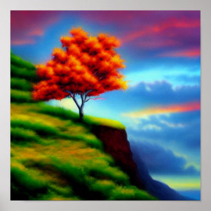Poster Arbre rouge sur une falaise à l'affiche du coucher