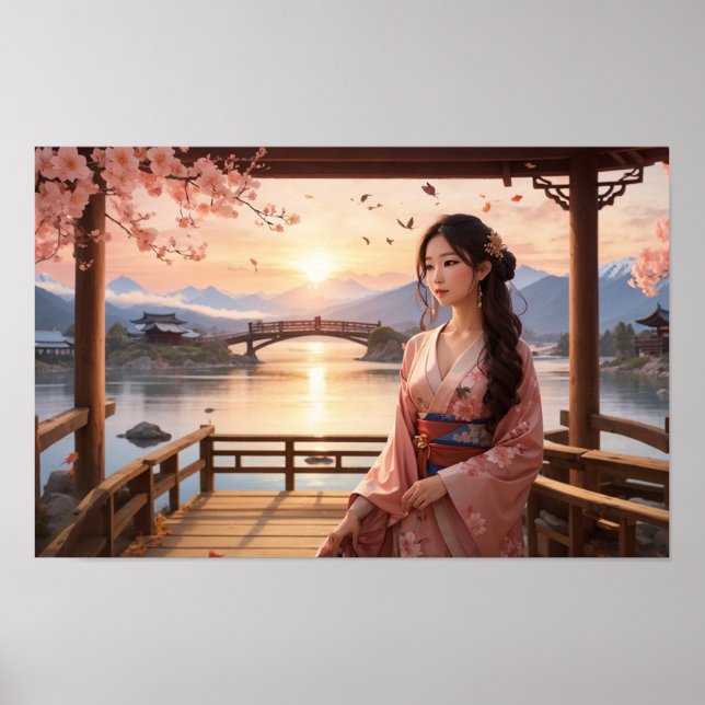 Poster Arbre Sakura coucher de soleil avec belle femme as (Devant)