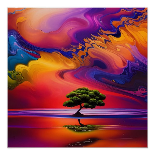 Poster Arbre solitaire dans l'eau ciel coloré (Devant)