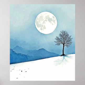 Poster Arbre Solitaire : Sérénité de la Pleine Lune Silen