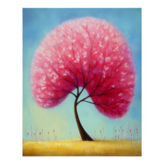 Poster arbre stylisé avec une couronne de fleurs roses - 