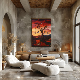 Poster Arbre surréaliste avec horloges au coucher du sole