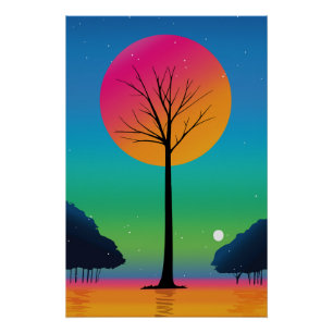 Poster Arbre Vivant Sous un Ciel de Arc-en-Ciel Cosmique