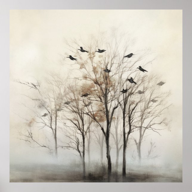 Poster Arbres et Oiseaux Toile Abstraite Mur Art (Devant)