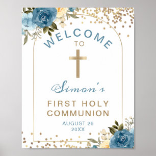 Poster Arc Bleu Or Floral Première Communion Sainte Bienv