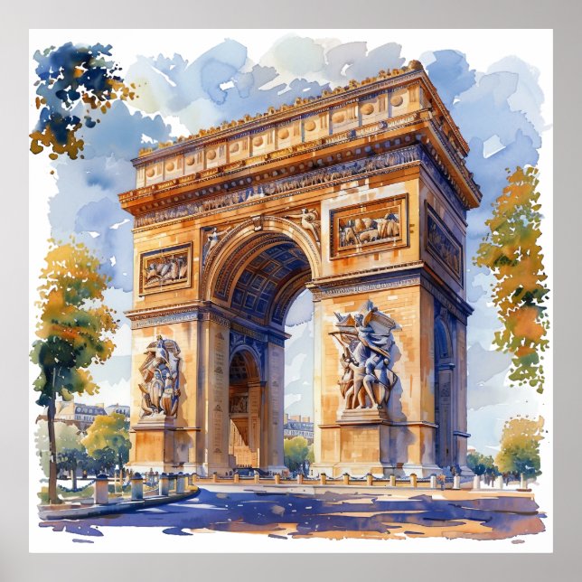 Poster Arc de Triomphe Aquarelle Sites de voyage France (Devant)