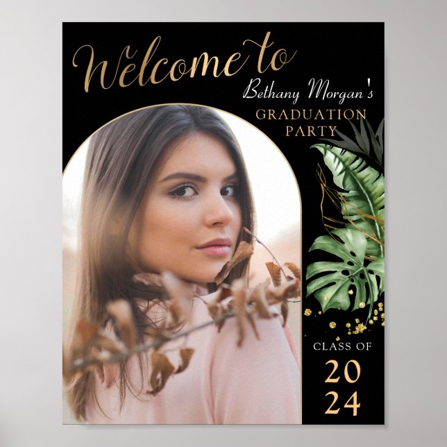 Poster Arc d'or Noir Tropical Photo Graduation Bienvenue (Devant)