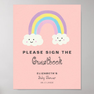 Poster Arc-en-ciel Baby shower fille rose signer le livre