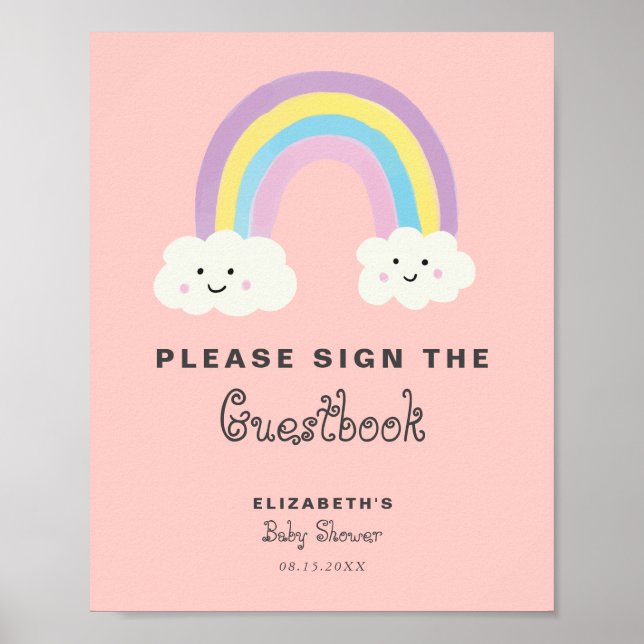 Poster Arc-en-ciel Baby shower fille rose signer le livre (Devant)