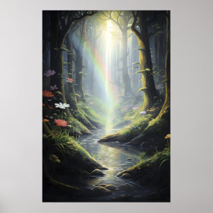 Poster Arc-en-ciel dans une forêt magique, forêt vert fon