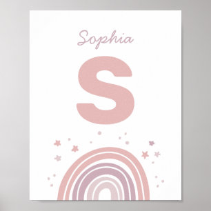 Poster Arc-en-ciel mignon rose et violet. Nom monogrammé 