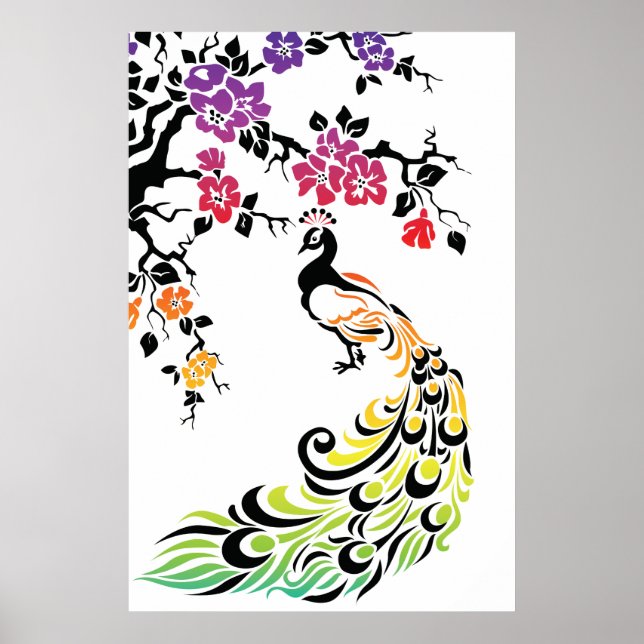 Poster Arc-en-ciel, paon noir et fleurs de cerisiers (Devant)