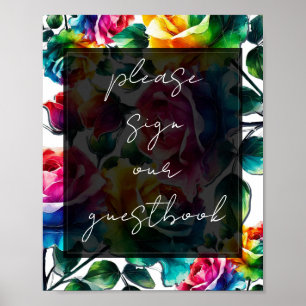 Poster Arc-en-ciel Rose Floral Mariage Signer notre livre