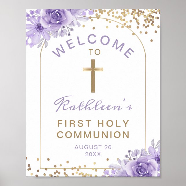Poster Arc Gold Purple Floral Première Communion Bienvenu (Devant)