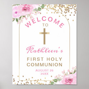 Poster Arch Pink Or Floral Première Communion Sainte Bien