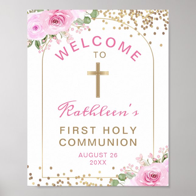 Poster Arch Pink Or Floral Première Communion Sainte Bien (Devant)