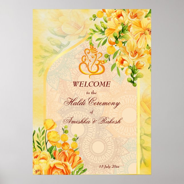 Poster Arche de fleurs jaunes Ganesha Haldi signe de bien (Devant)