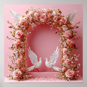 Poster Arche de mariage Roses roses Colombes blanches 🌸�