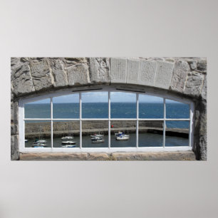 Poster Arche Faux Window avec vue port de pêche