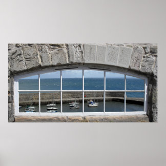 Poster Arche Faux Window avec vue port de pêche