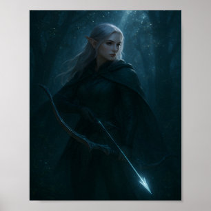 Poster Archer Elfe Noir Art Fantastique – Forêt Mystique 