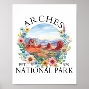 Poster Arches National Park Floral Rétro Randonnée Campin