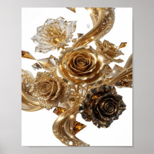 Poster Argent à la mode ROSES ET DIAMANTS DORÉS