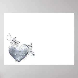Poster Argent Filigree Coeur et Roses Blanches