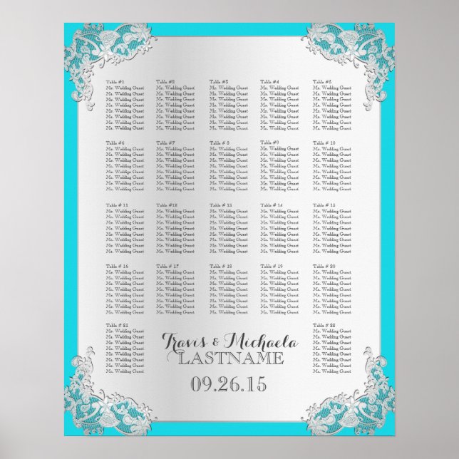 Poster Argent Floral Mariage Carte de siège (Devant)