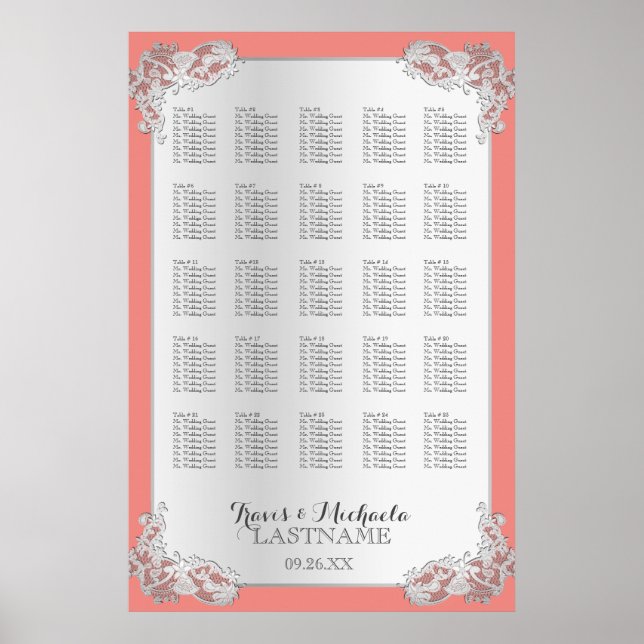 Poster Argent Floral Mariage Graphique de siège 24x36 (Devant)