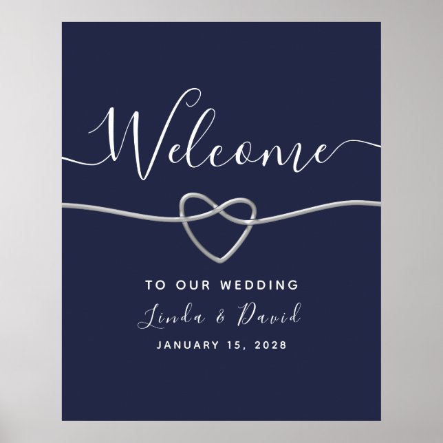 Poster Argent moderne et Mariage bleu marine Bienvenue (Devant)
