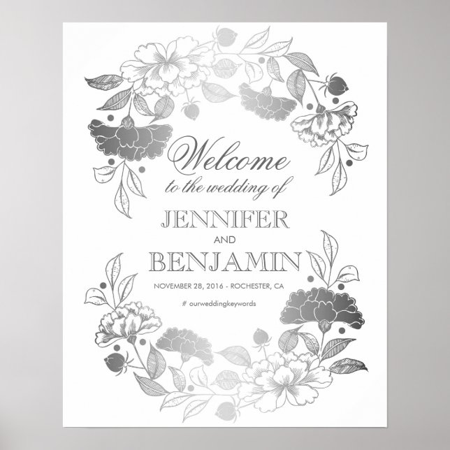 Poster Argent Peonies Élégante Mariage de la couronne (Devant)
