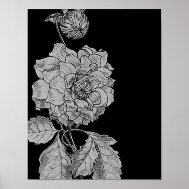 Poster Argent Peony Flower Sur Black Floral Art (Devant)