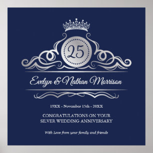 Poster Argent tournoie sur bleu 25e anniversaire Mariage
