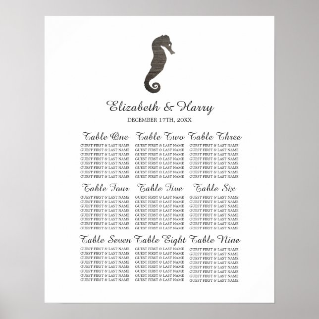 Poster Argile Seahorse Beach Mariage Carte de siège (Devant)