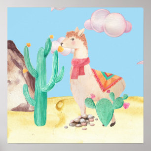 Poster Arizona Désert LIama Cactus Fleurs Nature