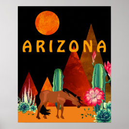 Poster Arizona ~ Montagnes, Désert, Cheval et Pleine lune