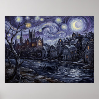 Poster Arkham Massachusetts Nuit étoilée Lovecraft Paysag