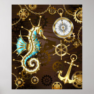 Poster Arrière - plan en bois avec cheval de mer mécaniqu