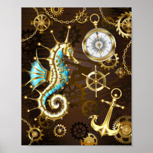 Poster Arrière - plan en bois avec cheval de mer mécaniqu