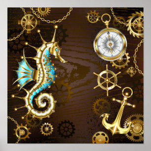 Poster Arrière - plan en bois avec cheval de mer mécaniqu